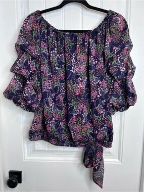 MSK Navy‎ Ditsy Floral Off-Shoulder Tie-Hem Blouse. Size Large.